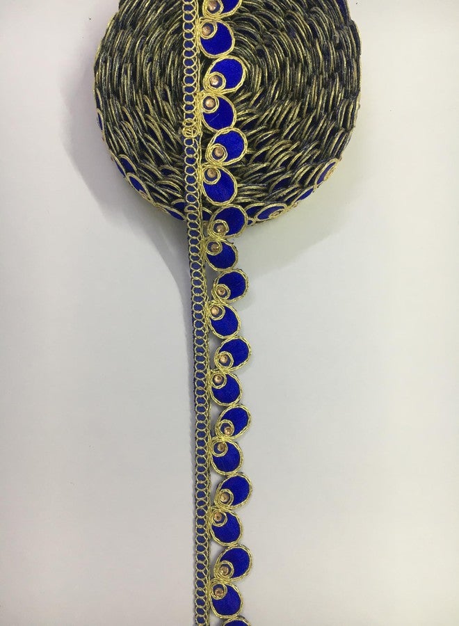 HEMDEV تطريز HEMDEV مقاس 1 بوصة Mor Pankh CutworkTrim من الدانتيل مع حجر للساري، كورتي، الفساتين، Bandhani، Lehenga، شريط زخرفي (9 متر) (أزرق ملكي) - Image 5